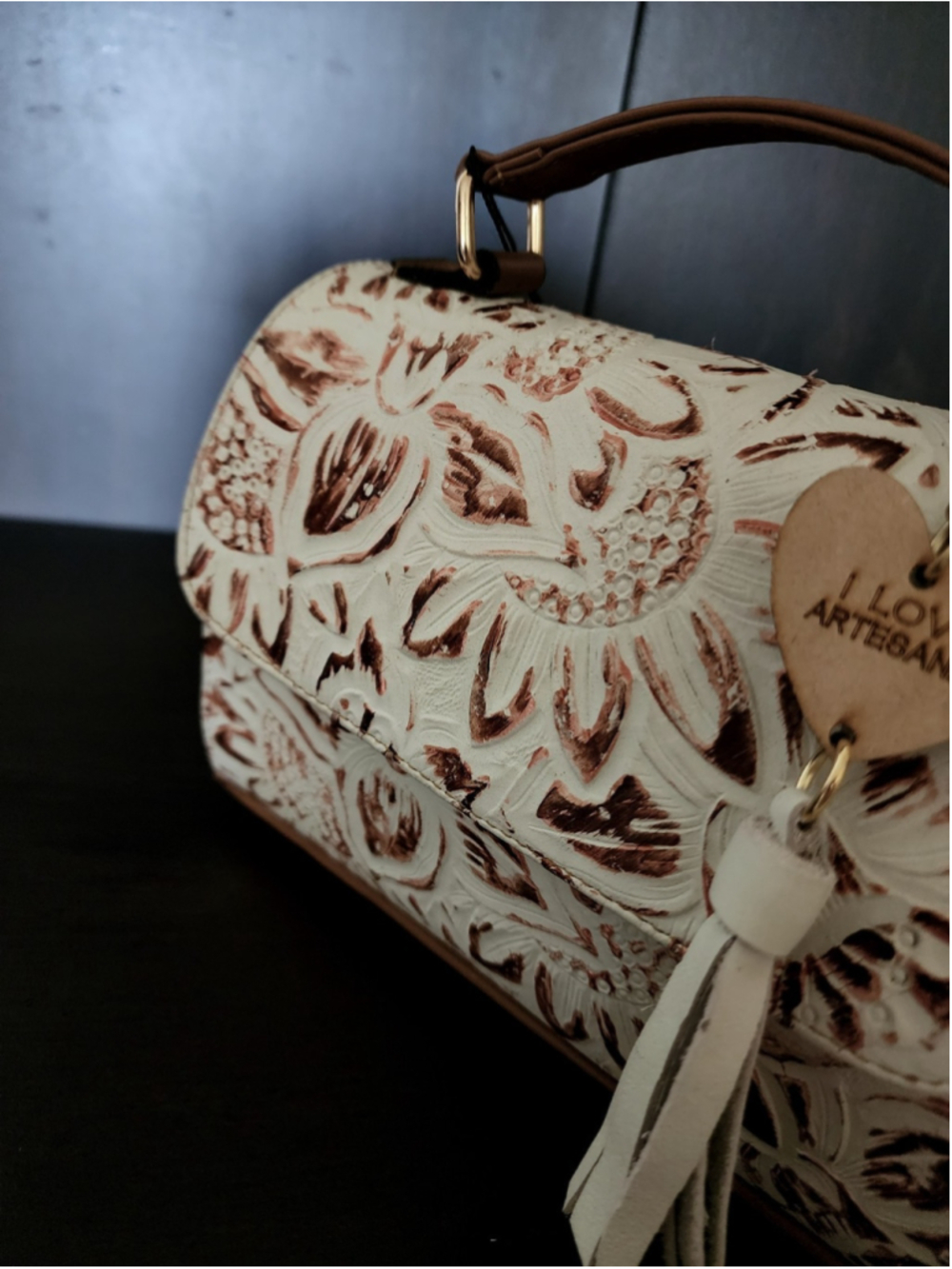White Bronze Brown Sunflower Embossed Tooled Artisan Leather Crossbody Purse - Picture 16 of 16